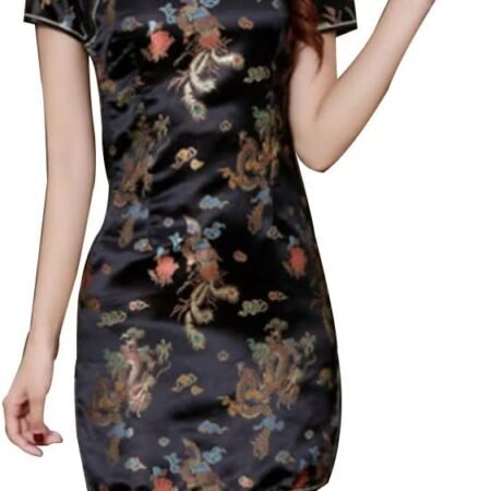 Cheongsam Dress for Women Qipao Slim Fit Short Sleeve Bodycon Mandarin Collar Side Slit Chinese Floral Print Dragon Dress