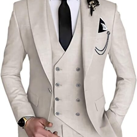 3 Piece Suit Slim Fit Mens Wedding Suits Double Breasted Party One Button Blazer Jacket Vest Pants Sets Beige