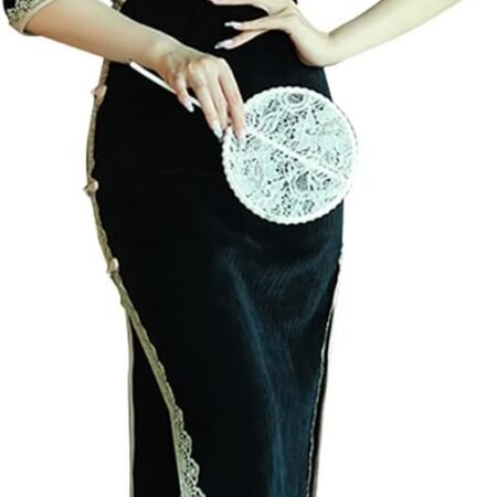 Women's Deluxe Corduroy Long Cheongsam Dress Vintage Half Sleeve Side Slit Chinese Qipao