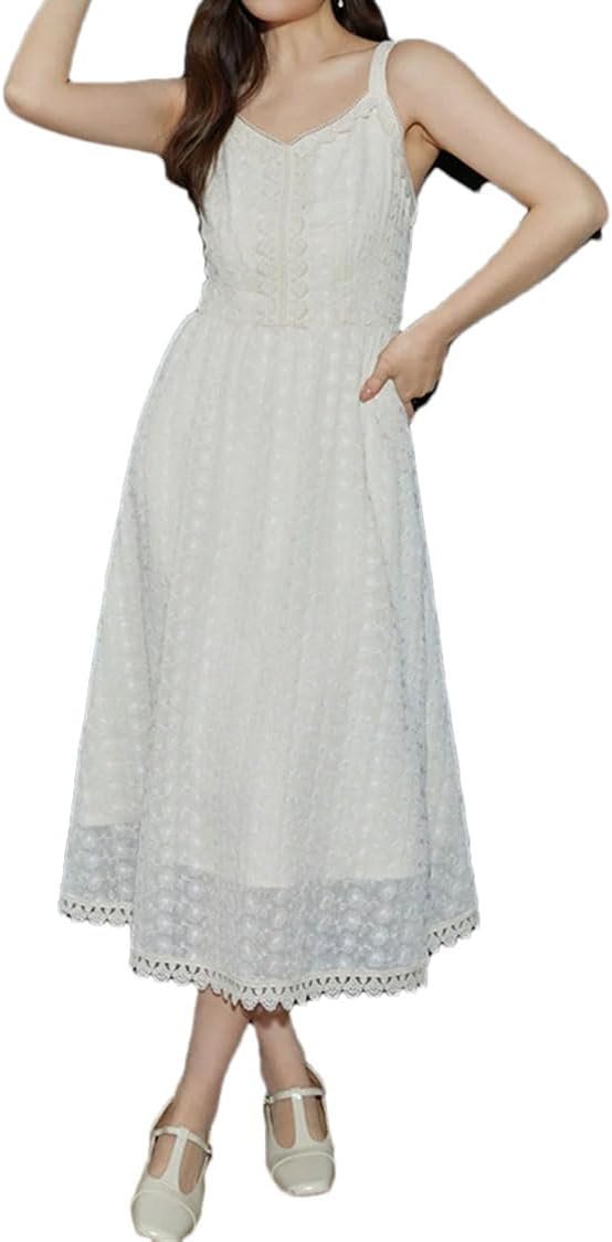 Women Lace Suspender Dress Solid Long A-Line Skirts Sleeveless Dresses