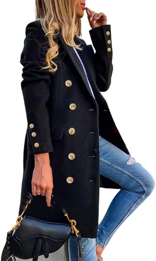 Women's Fall Winter Wool Coats Double Breasted Midi Peacoat Trench Coats