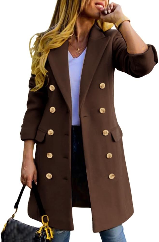 Women's Fall Winter Wool Coats Double Breasted Midi Peacoat Trench Coats