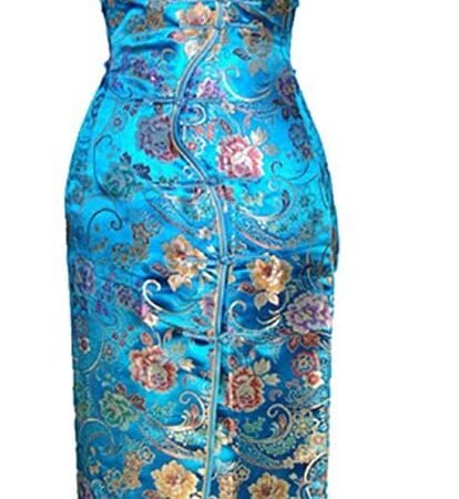 Women's VTG Turquoise Ten Buttons Long Chinese Dress Cheongsam