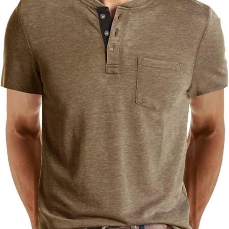 Mens Casual Short  Henley Shirts Fashion Button T Shirts with Pocket