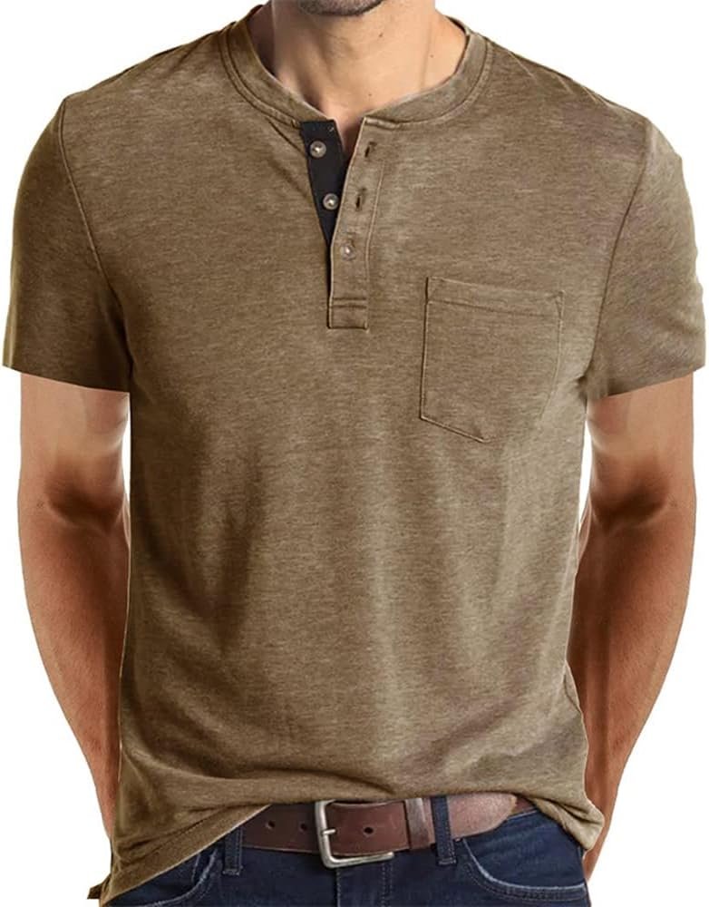 Mens Casual Short Henley Shirts Fashion Button T Shirts with Pocket