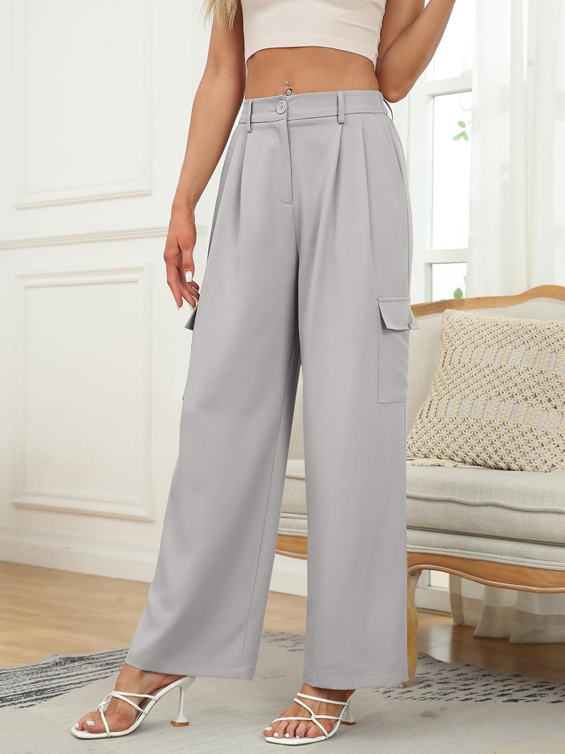 Wide Leg Cargo Dress Pants Women's Casual Pants with 4 Pockets - Image 2