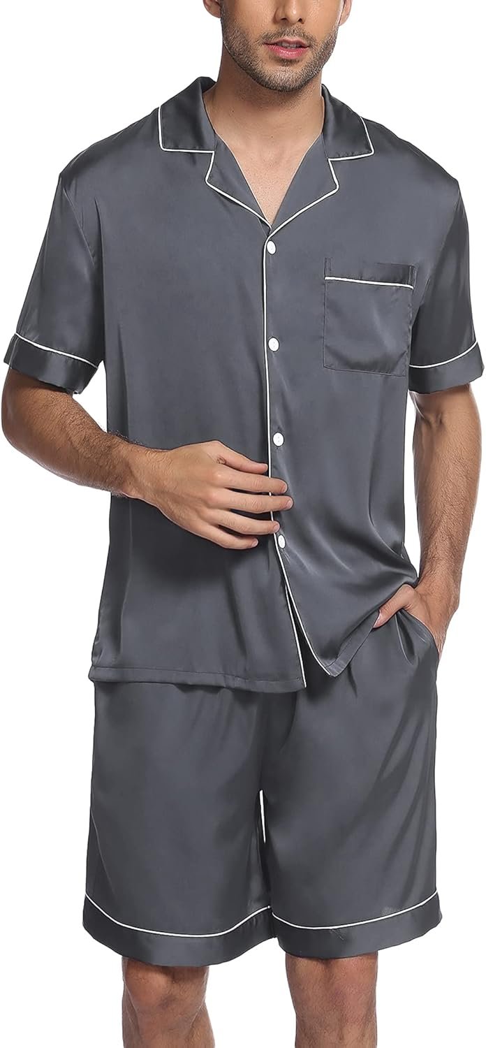 Mens Satin Pajamas Set Button-Down Short Shirt Top Soft Silk Loose Pocket Pant Loungewear - Image 2