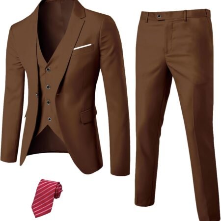 Men's Slim Fit 3 Piece Suit Set, One Button Solid Blazer Vest Pants with Tie