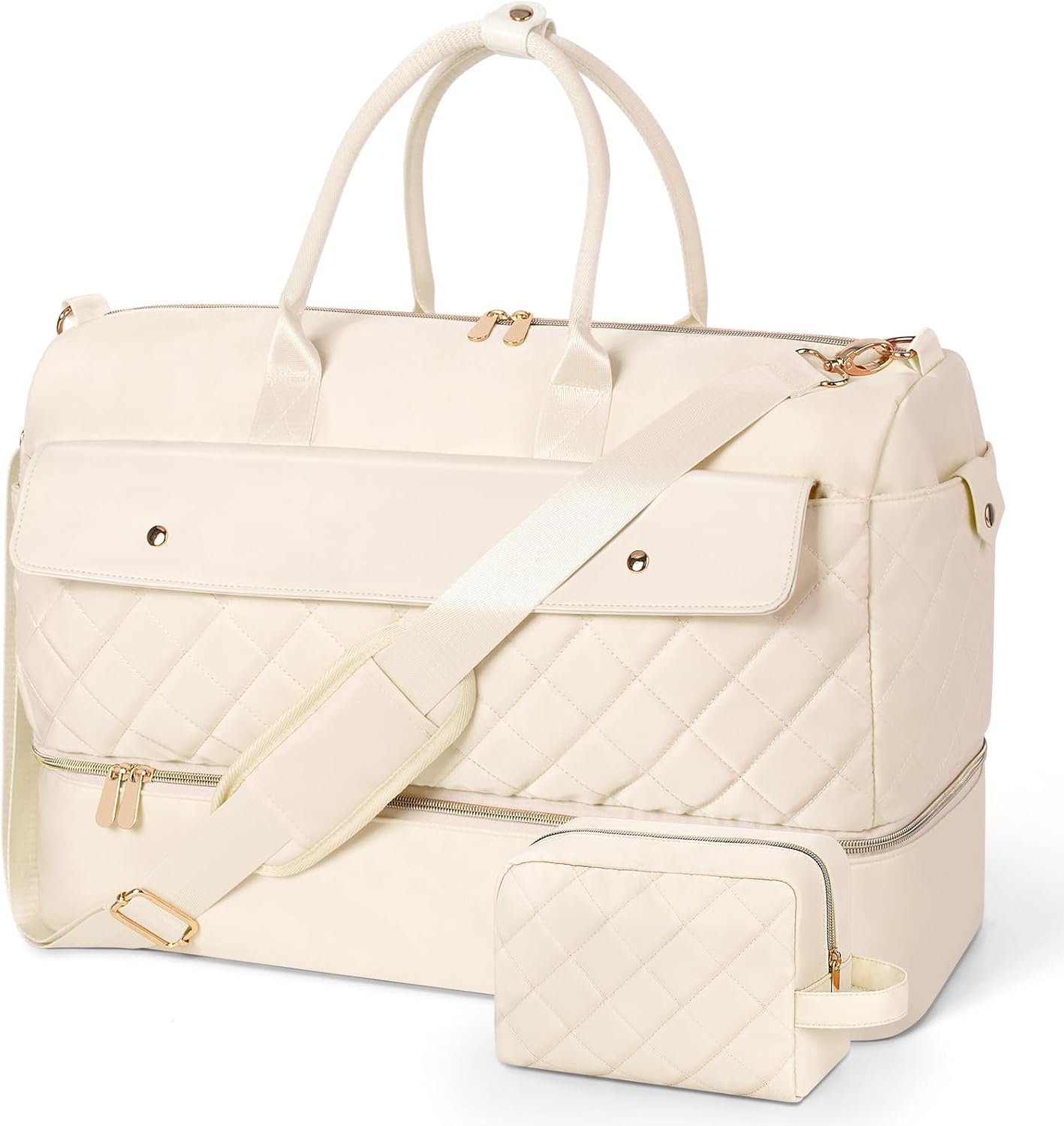 Travel Duffel Bag, Large Weekender Bag for Women with Shoe Compartment, Carry on Overnight Bag with Toiletry Makeup Bag, Gym Duffel Bag Travel Tote Bag for Travel Gym Camping Hospital, Beige
