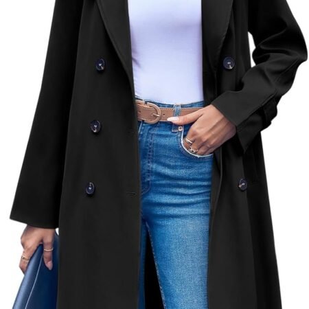 Women's Double Breasted 3/4 Long Trench Coat Elegant Windproof Lapel Belted Overcoat