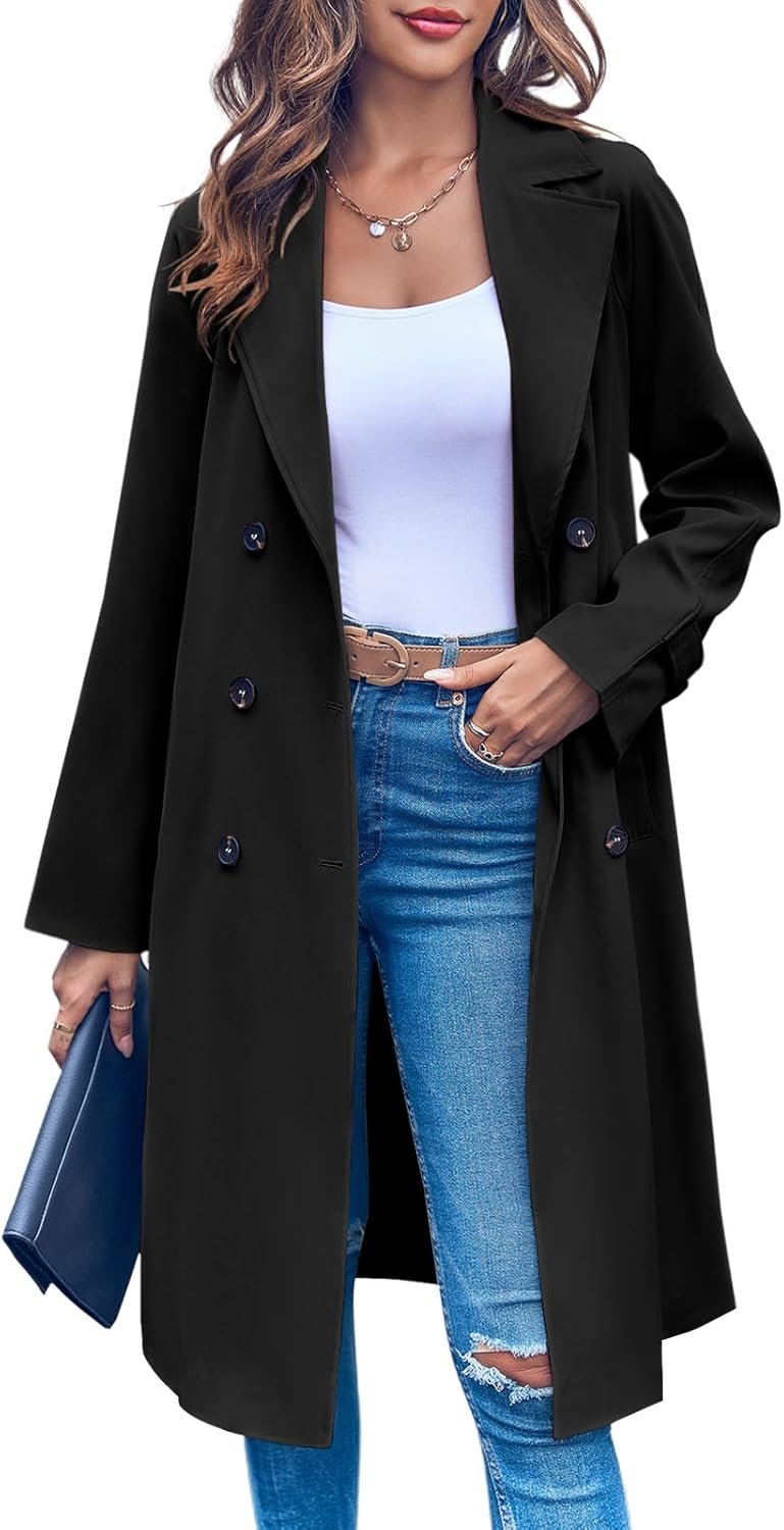 Women's Double Breasted 3/4 Long Trench Coat Elegant Windproof Lapel Belted Overcoat