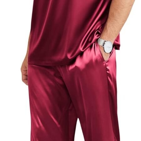 Mens Silk Satin Pajama Set Short   Silky Loungewear with Long Pants