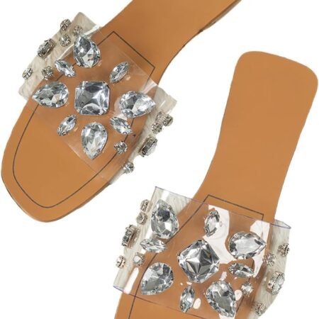 Women's Rhinestone Clear Flat Sandals Square Toe Slide Sandals