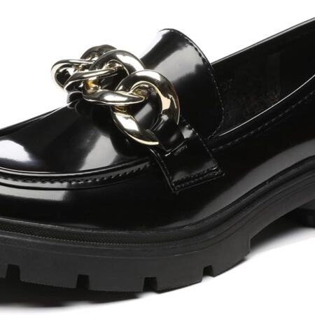 Women's Chunky Platform Loafers with Chain or Buckle Patent Leather Black Penny Loafers Fashion Office Shoes School Dress Shoes Comfort Slip-on