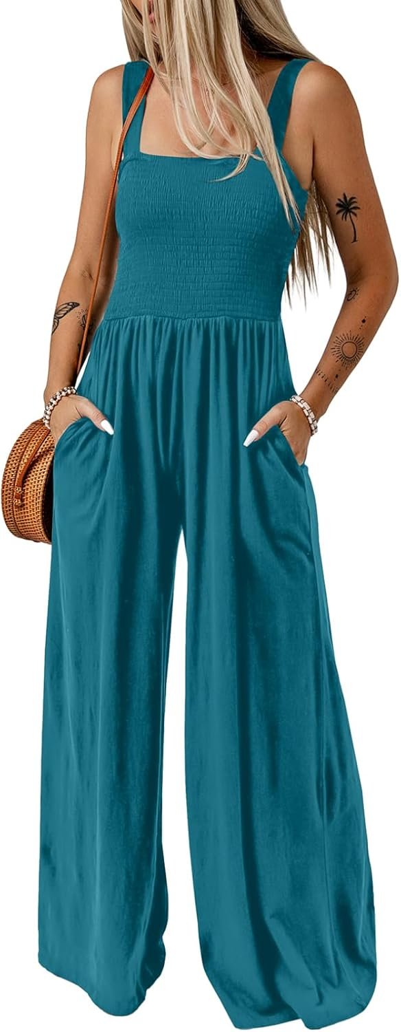 Women's Casual Loose Overalls Jumpsuits One Piece Sveless Wide Leg Long Pant Rompers With Pockets