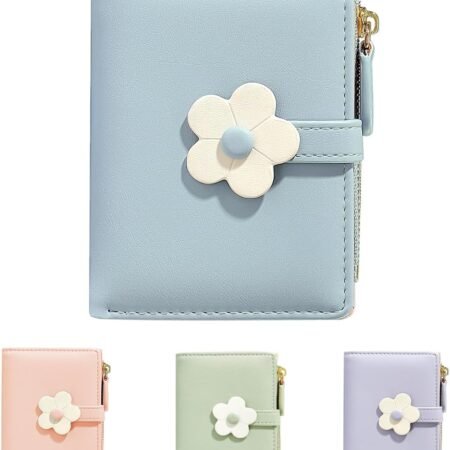 Small Wallet for Girls Women Tri-folded Wallet Cash Pocket flowers Print Card Holder Coin Purse with elegant youthful and cute (3-blue)