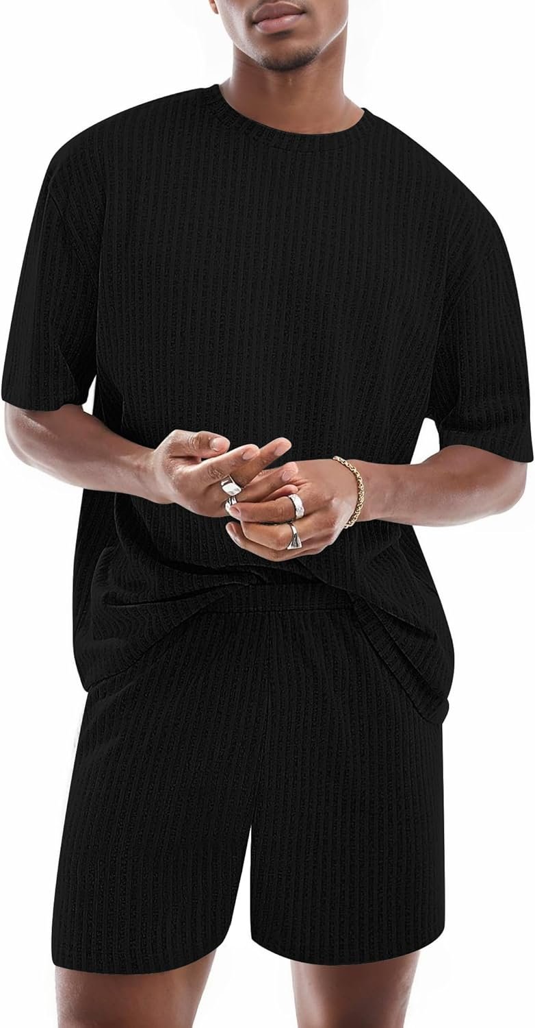 Mens Lounge Set Ribbed Knit Pajamas Set 2 Piece Short Set Outfits Sweatsuit Summer Soft Loungewear - Image 2