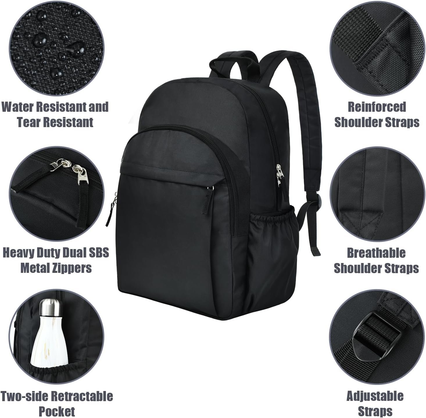 Classical Basic Black Backpack for , Water Resistant Bookbag for Boys , Travel Laptop Backpacks, Work Back pack for Men, Book Bags for Students (Black) - Image 2