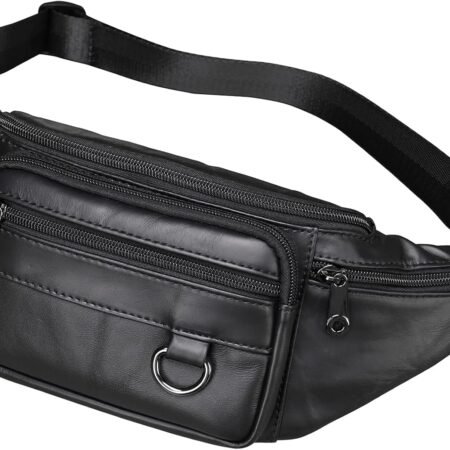 Genuine Leather Fanny Pack HandMade Durable cowhide Waist Bag Lots of Anti-theft zipper pocket Black