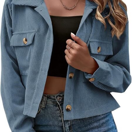 Women's Fashion Cropped Shacket Button Down Corduroy Shacket Jackets Casual Plaid Long  Crop Jackets Tops