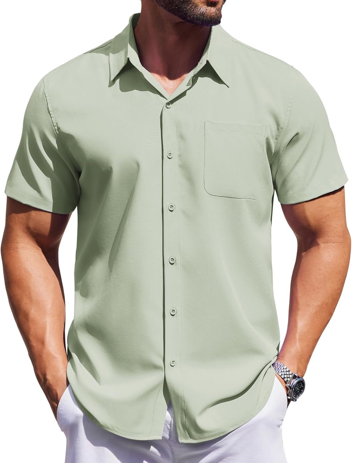 Mens Short Dress Shirts Button Down Shirts Regular Fit Business Casual Shirt with Pocket