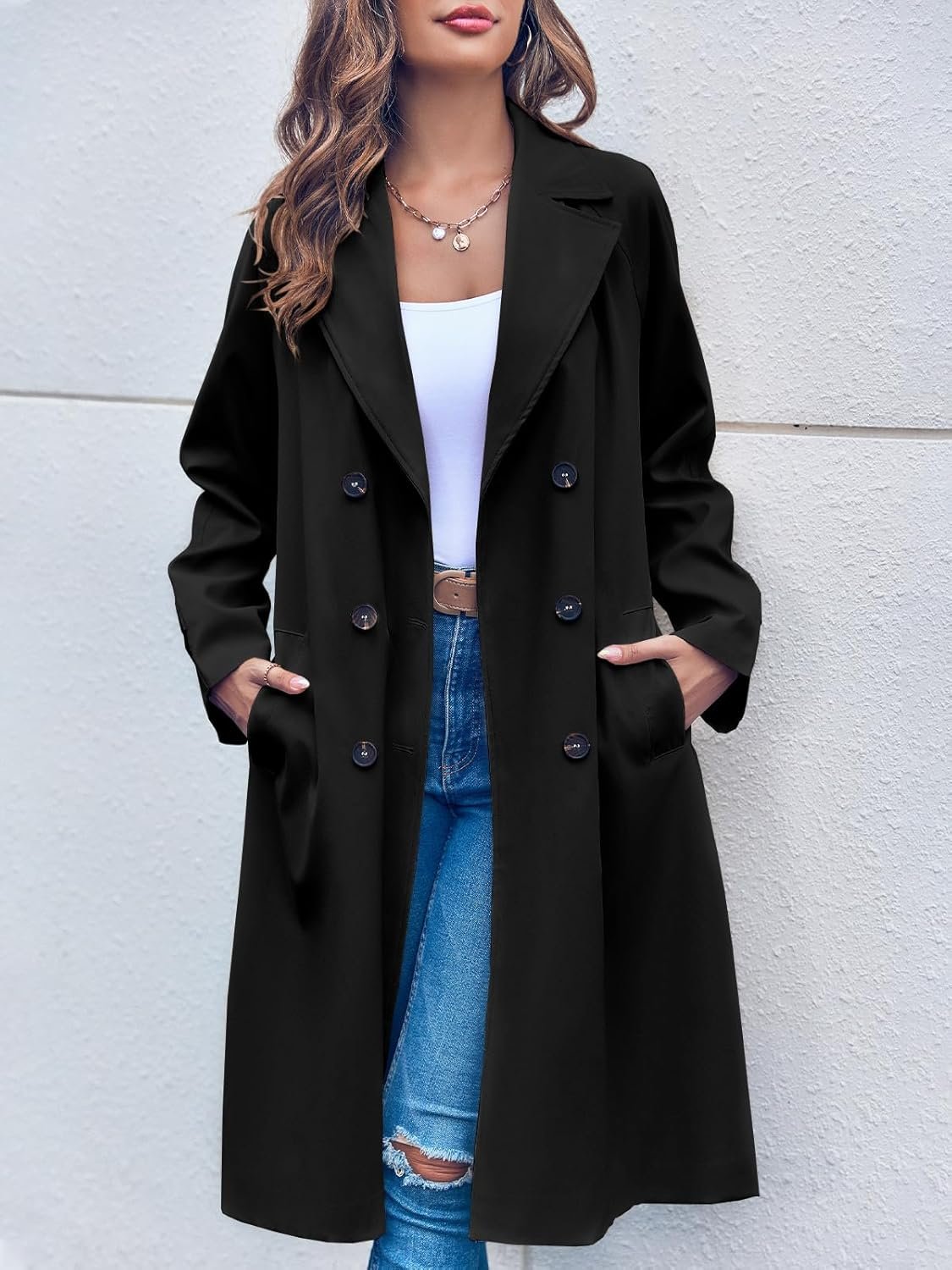 Women's Double Breasted 3/4 Long Trench Coat Elegant Windproof Lapel Belted Overcoat - Image 2