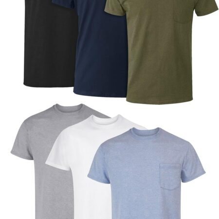 Men's Pocket Undershirt Pack, Cotton Crew Neck T-Shirt, Moisture Wicking Tee, Assorted 6-Pack