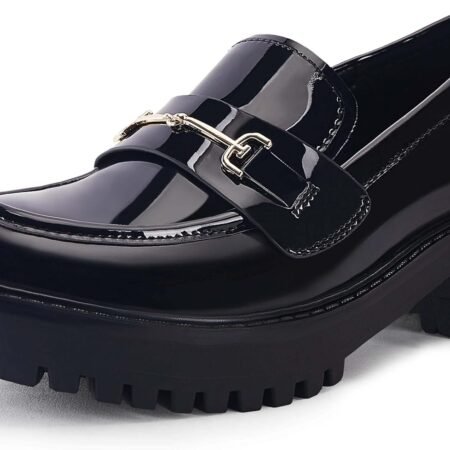 Women's Lug Sole Platform Mid Chunky Heel Loafers Classic Round Toe Slip On Office Uniform Oxfords Shoes with Metal Chain