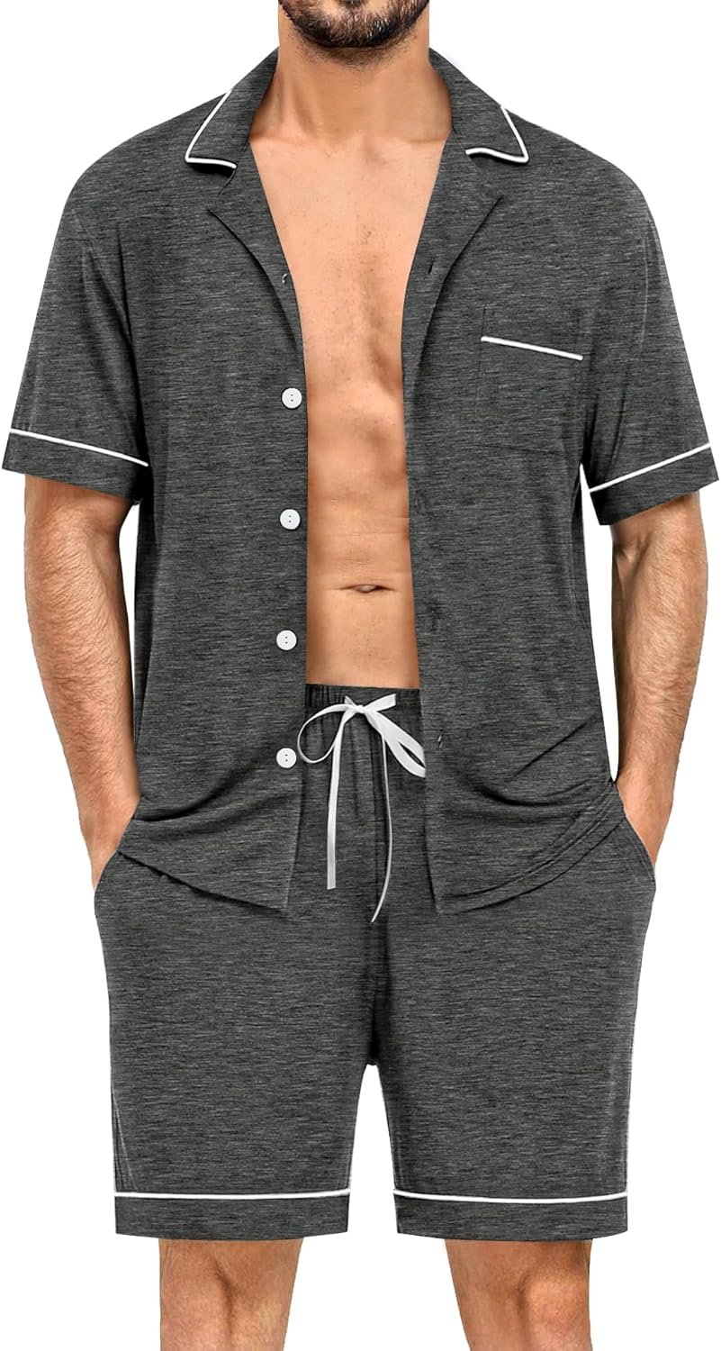 Mens Pajama Sets Short Button Down Loungewear Soft Modal Lounge Pjs with Pockets S-XXL