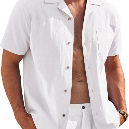 Mens Casual Cotton Linen Shirt Short  Button Up Shirts Summer Beach Top