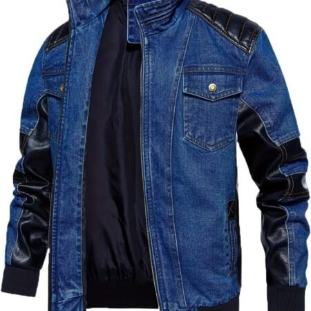 Men's Denim &  Leather Biker Jacket Vintage Motorcycle Jean Jacket with Leather Patchwork