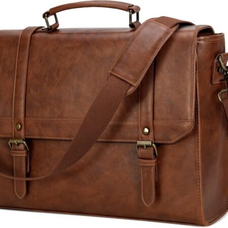 Messenger Bag for Men 15.6 inch Vintage Leather Waterproof Laptop Briefcase Large Computer Laptop Bag Leather Satchel Bag Retro Shoulder Bag for Office Business Travel College, Brown