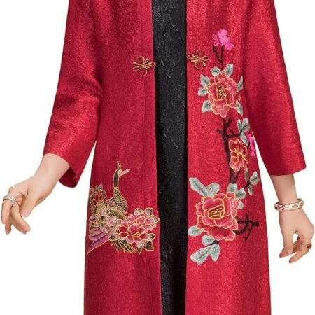Women's Traditional Embroidery Mandarin Duck Flowers Crinkled One Button Blazer Chinese Jacket