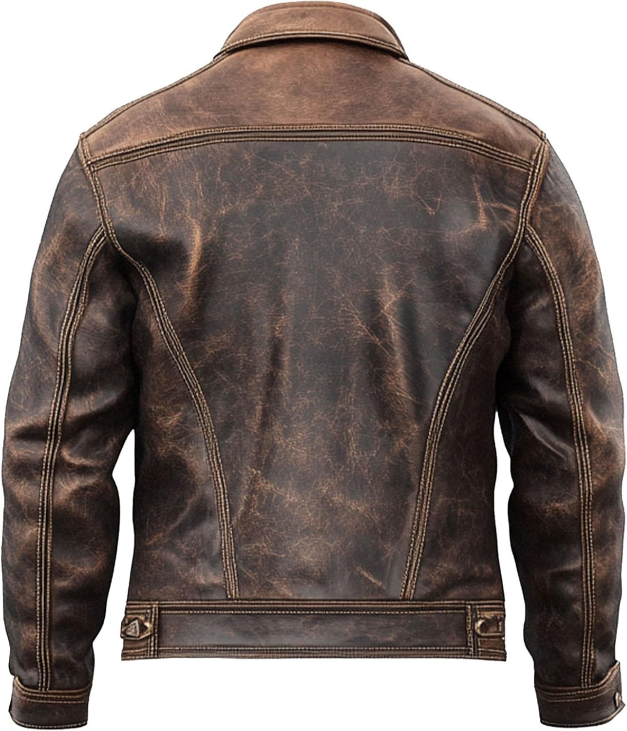 Mens Vintage Leather Trucker Jacket Flaps Slanted Pockets Denim Genuine Leather Jackets For Men - Image 2