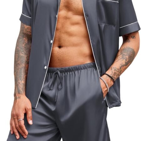Mens Satin Pajamas Set Button-Down Short  Shirt Top Soft Silk  Loose Pocket Pant Loungewear