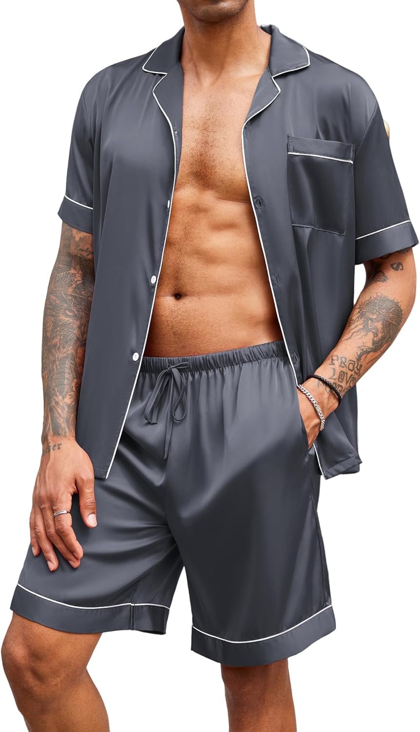 Mens Satin Pajamas Set Button-Down Short Shirt Top Soft Silk Loose Pocket Pant Loungewear