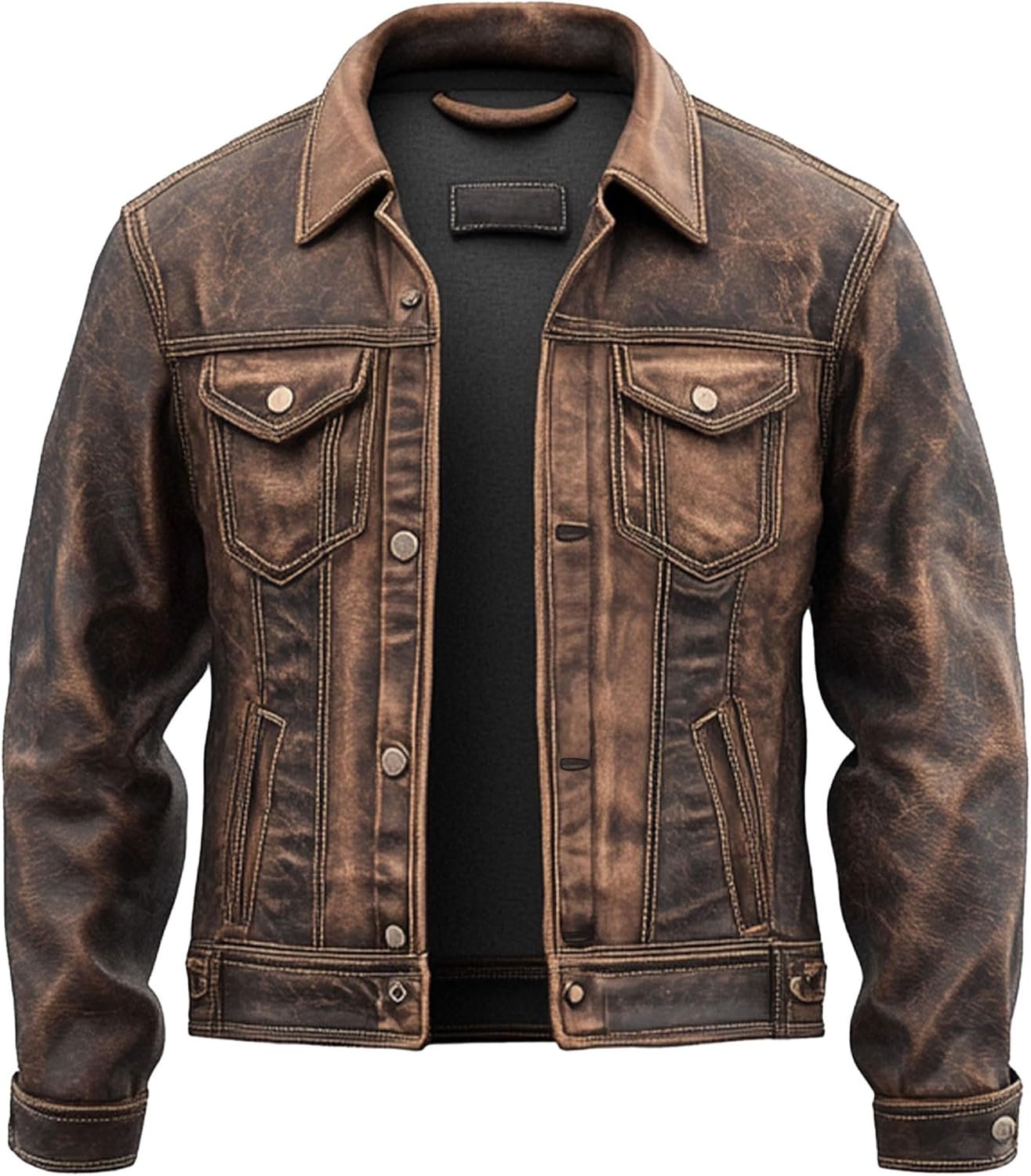 Mens Vintage Leather Trucker Jacket Flaps Slanted Pockets Denim Genuine Leather Jackets For Men