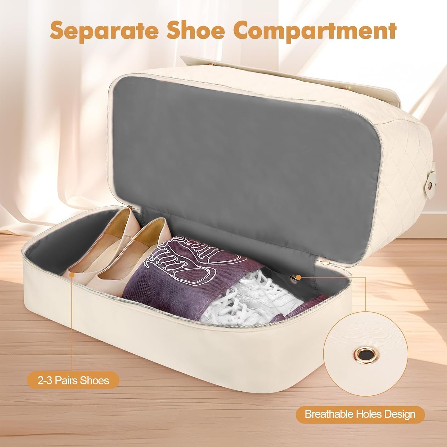Travel Duffel Bag, Large Weekender Bag for Women with Shoe Compartment, Carry on Overnight Bag with Toiletry Makeup Bag, Gym Duffel Bag Travel Tote Bag for Travel Gym Camping Hospital, Beige - Image 2