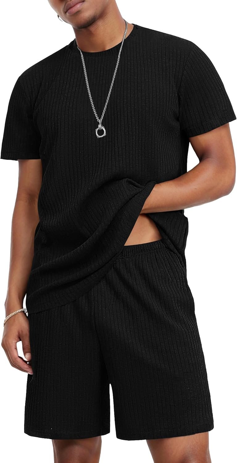 Mens Lounge Set Ribbed Knit Pajamas Set 2 Piece Short Set Outfits Sweatsuit Summer Soft Loungewear