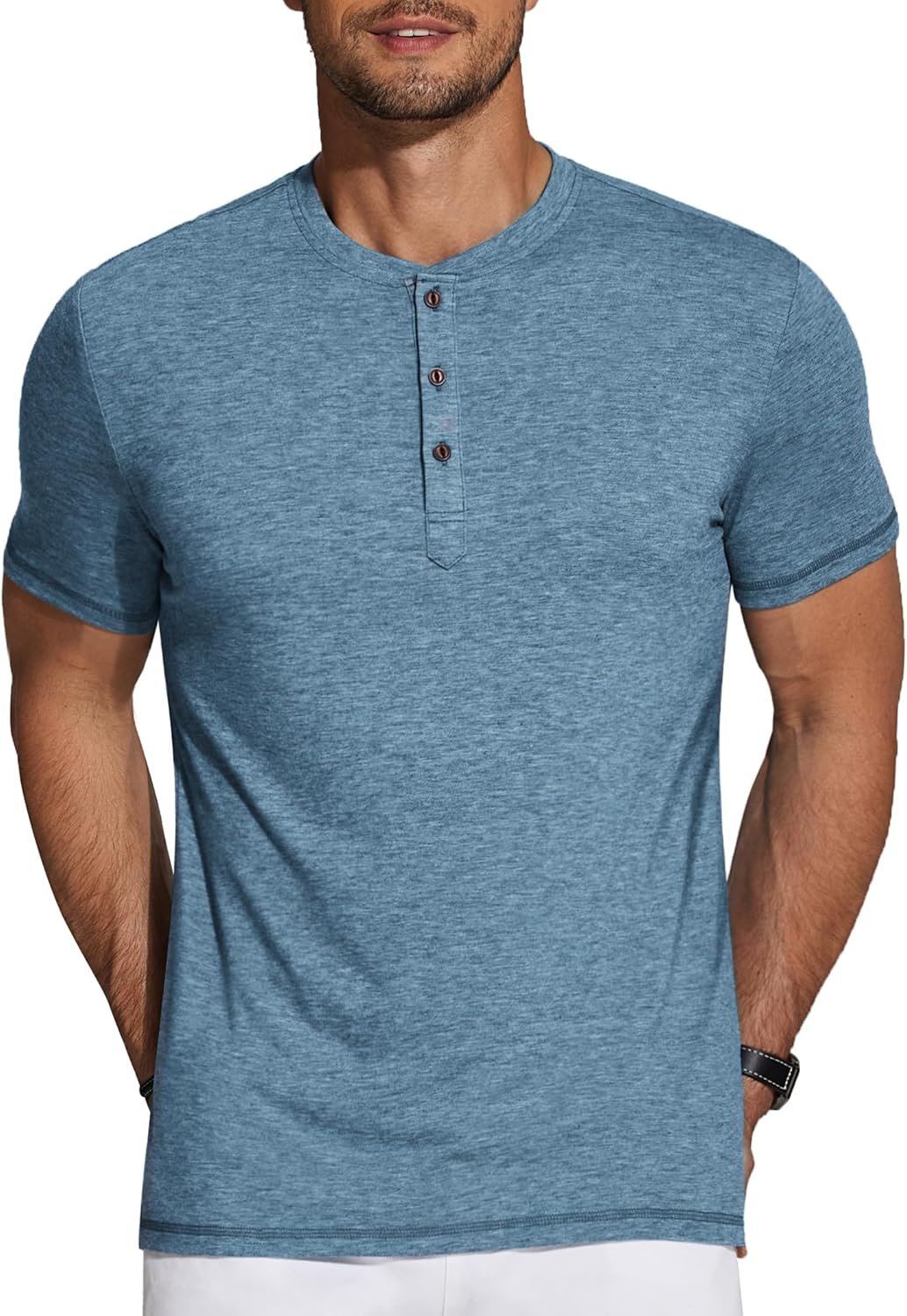 Men's Henley Shirts Short Casual Basic Tee Summer Button Henley Soild T Shirts