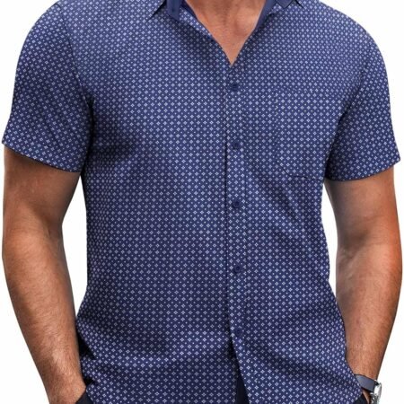 Mens Short  Button Down Shirts Wrinkle Free Dress Shirts Casual Polka Dot Print Shirt with Pocket