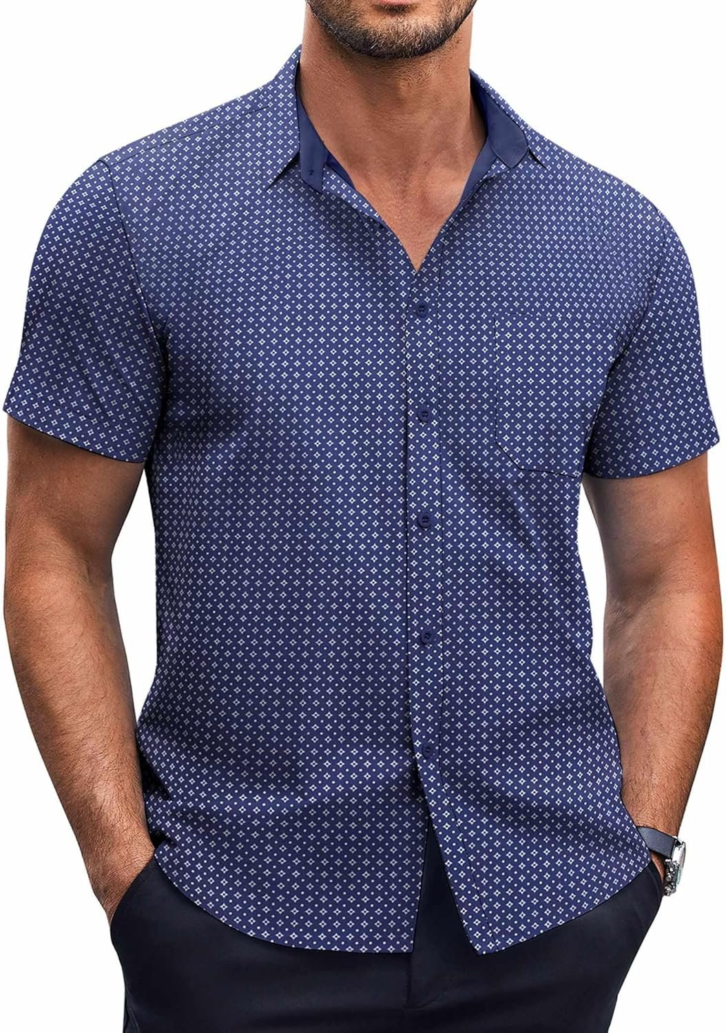 Mens Short Button Down Shirts Wrinkle Free Dress Shirts Casual Polka Dot Print Shirt with Pocket