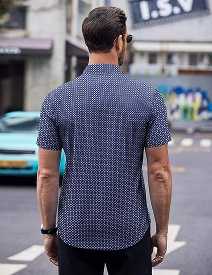 Mens Short Button Down Shirts Wrinkle Free Dress Shirts Casual Polka Dot Print Shirt with Pocket - Image 2