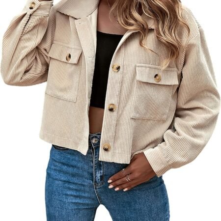 Women's Fashion Cropped Shacket Button Down Corduroy Shacket Jackets Casual Plaid Long  Crop Jackets Tops