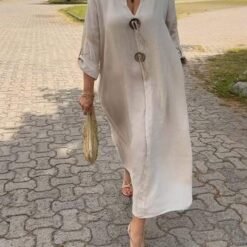 Alternative view of Casual V-neck Cotton and Linen Dress