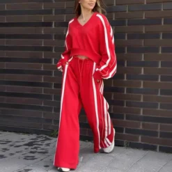 Casual V-Neck Striped Sweat & Wide Leg Pants Two-Piece Set