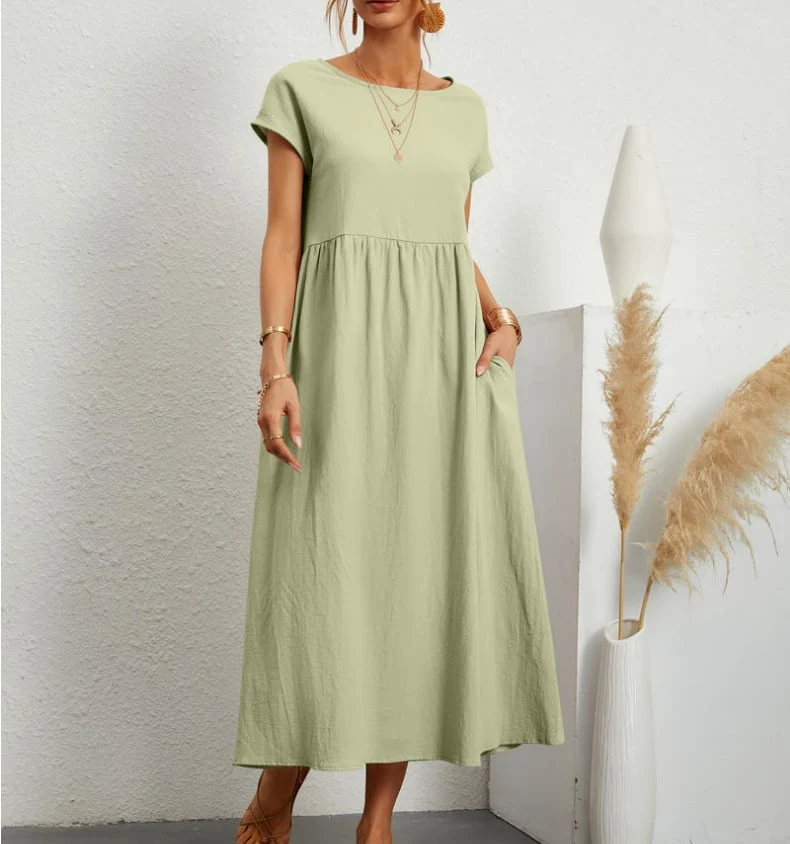 Solid Color Sleeveless Loose Cotton and Linen Pocket Dress - Image 11