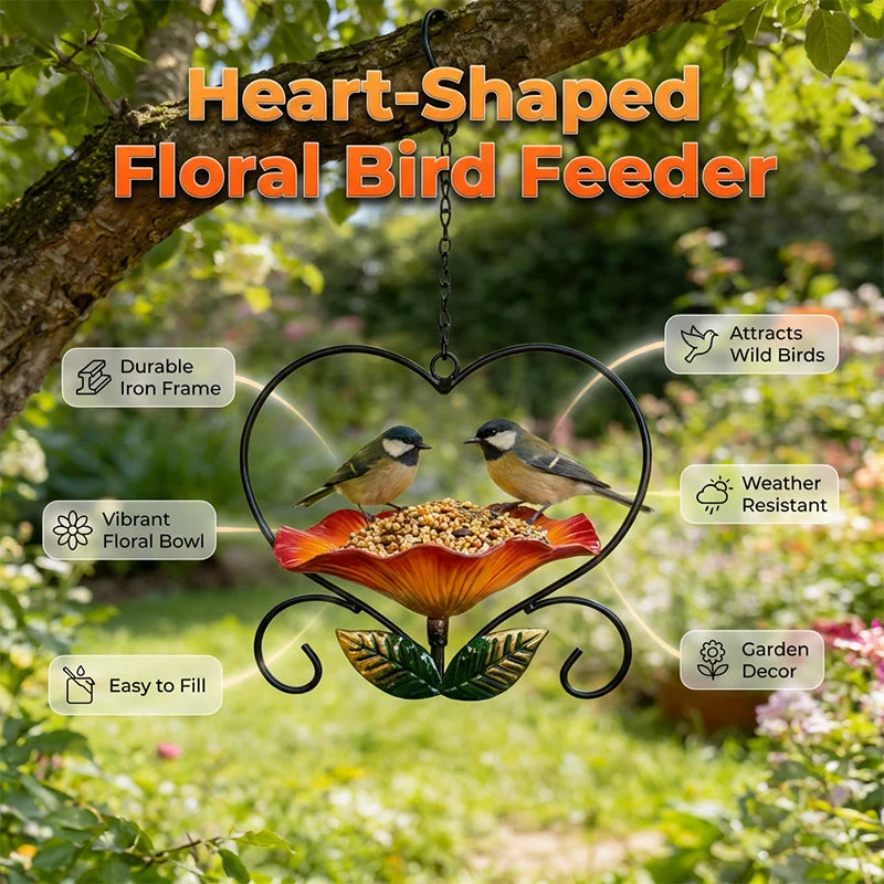 🐦 50% OFF NOW! 💖 Heart-Shaped Bird Feeder – Floral Design, Hanging, Rust-Resistant & Perfect for Backyard or Balcony 🏡