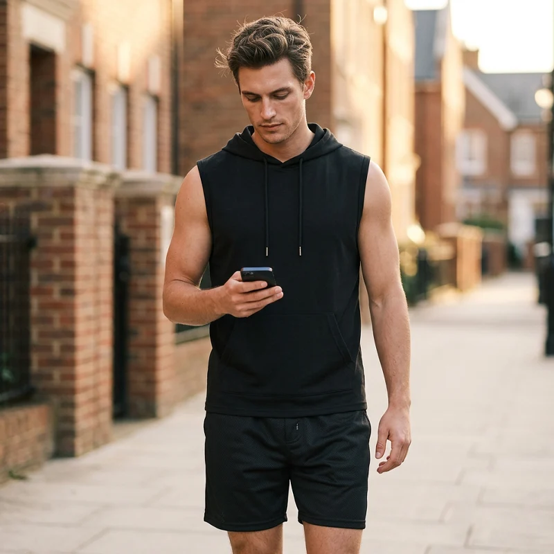 🔥 Sleeveless Hooded Sports Top💧 Moisture-wicking · Quick-drying and friction-resistant🧢 Hooded for sun protection and wind resistance · 🏋️ Perfect for weightlifting, running, or casual wear - Image 9