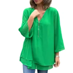 Alternative view of Double-Layer V-neck Zipper 3/4 Sleeves Soft Tops
